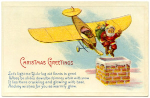 ... Claus jumps out of plane into chimney - funny vintage Christmas card