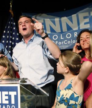 Sen. Michael Bennet, celebrates after winning the Democratic primary ...