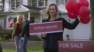 ... , TD, real estate agent holding balloons and a sign saying OPEN HOUSE
