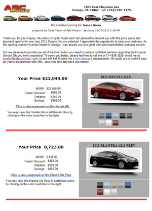 Sample Email templates - Vehicle price quotes