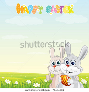 Happy Easter, vector card with cute cartoon Rabbits on sunny spring ...
