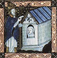 Illustration showing an Anchoress in her anchorhold.