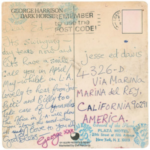 postcard from George Harrison to Jesse Ed Davis, found via Tracks UK ...