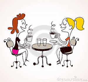 Illustration of two girls drinking coffee and having a chat.