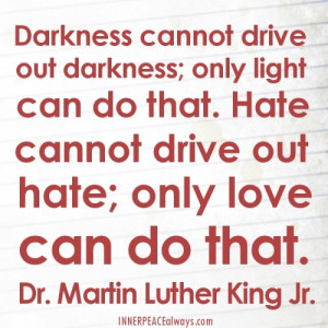 Hate cannot drive out hate; only love can do that. Martin Luther King ...