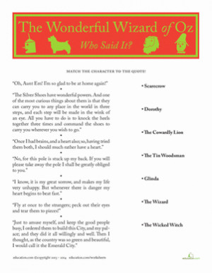 Fourth Grade Literary Analysis Worksheets: The Wizard of Oz Quotes