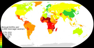 Birth rates per 1,000 women aged 15-19 years, worldwide.