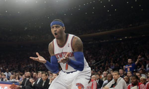 New York Knicks small forward Carmelo Anthony reacts to a call during ...