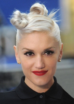 ... songwriter gwen stefani looks fierce with her quirky knotted up do