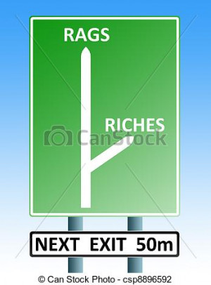 road sign with arrows depicting the roads to rags or riches