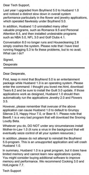 Dear tech support, Last year I upgraded from boyfriend 5.0 to husband ...