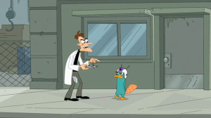 Dr. Doofenshmirtz controlling Agent P with the De-volition-ator.