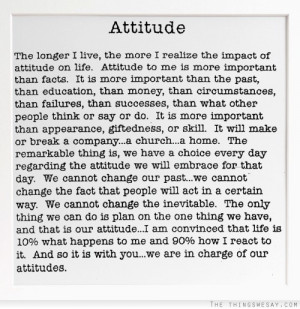 The longer I live the more I realize the impact of attitude on life ...