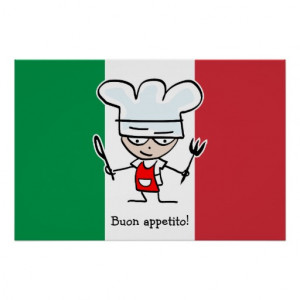 Buon Appetito poster with cartoon on italian flag