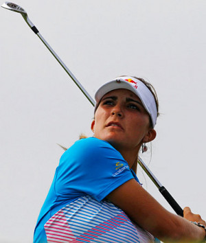 Lexi Thompson watches her approach shot to the third hole during the ...