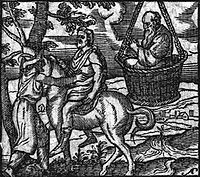 Strepsiades, his son, and Socrates (from a 16th-century engraving)