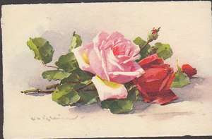 Catherine Klein Artist Signed Postcard Red Pink Roses picture
