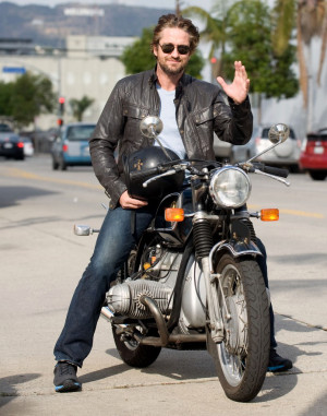 Gerard Butler on His Motorcycle Wearing a Leather Jacket, Jeans, and ...