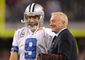 Dallas Cowboys quarterback Tony Romo (9) meets with owner Jerry Jones ...