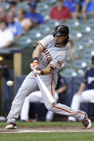 Angel Pagan #16 of the San Francisco Giants hits a single in the top ...