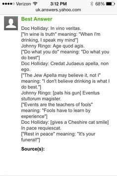 Translation of Latin dialogue between Doc Holliday & Johnny Ringo More