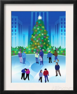 People Ice Skating by a Christmas Tree Framed Art Print