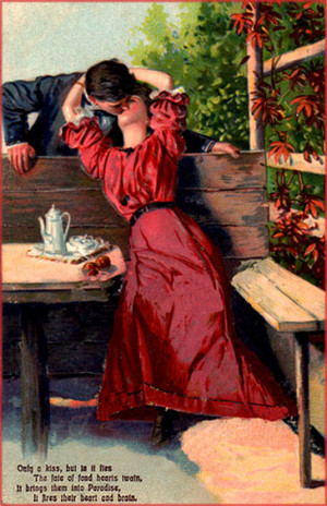 Free Valentines Day cards: Woman in red dress sitting on a bench ...