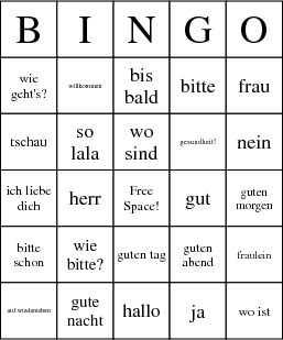 German Words And Phrases Bingo Cards