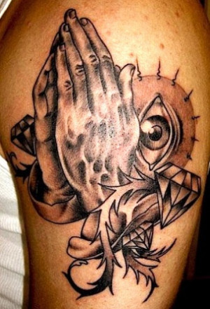 Praying Hands Cross Tattoo On Upper Arm Quote Picture