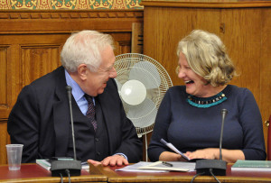 Roy Hattersley and Helen Goodman MP enjoy an off-mic moment of ...