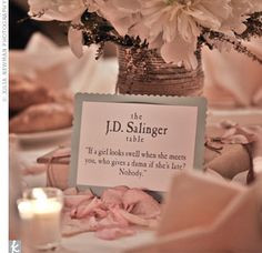 Vintage books and table numbers=authors and quotes. Love it. Also love ...