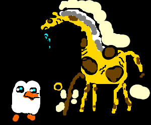 penguin giving a ring to an old giraffe