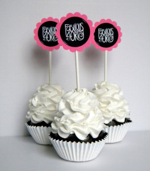 Fabulous at 40 Birthday Cupcake Toppers, Hot Pink and Black, Set of 12