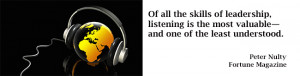Image of headphones on a globe with the quote Of all the skills of ...