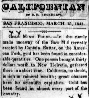 First newspaper announcement, San Francisco, March 15, 1848
