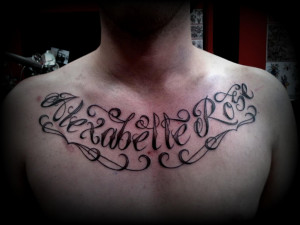 Alexabelle Rose script chest tattoo by CalebSlabzzzGraham