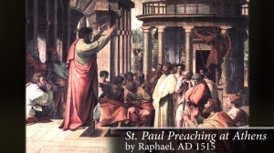 The Apostle Paul preaching at Athens to a Greco-Roman audience.