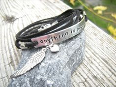 ... Quote Bracelet, Black faux suede cord bracelet, Angel wing & Heart