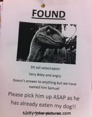 Funny Found Lost Dinosaur Velociraptor Sign Picture