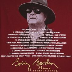 Florida State Seminoles (FSU) Garnet Bobby Bowden Tribute T-shirt
