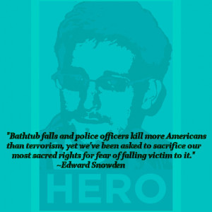 an Ed Snowden in teals with the word Hero underneath and a quote