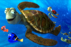 Squirt, Crush, Dory and Marlin in FINDING NEMO 3D, a film directed by ...