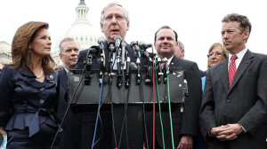 PHOTO: U.S. Senate Minority Leader Sen Mitch McConnell speaks as Sen ...