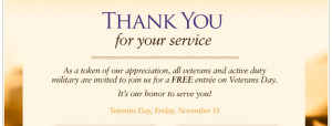 ... Free entree at Olive Garden on Veterans Day – Friday, November 11th