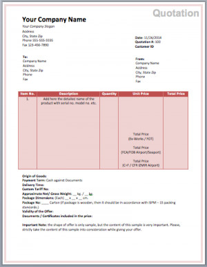 ... of a Free Sample Goods Export Quote Template created using MS Word