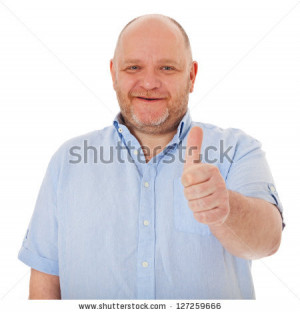Charismatic middle aged man showing thumbs up. All on white background ...