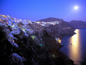 Moonrise Over Santorini Greece HD Widescreen Wallpaper