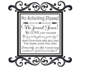 No Soliciting Decal- transfer stick er with quote No Soliciting Please ...