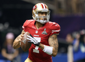 San Francisco 49ers quarterback Colin Kaepernick looks to pass during ...