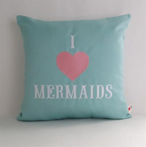 Sunbrella Embroidered Mermaid Pillow Cover - I Love Mermaids - Glacier